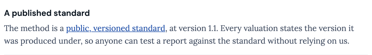 A line from the product's help pages: the method is a public, versioned standard, at version 1.1, and every valuation states the version it was produced under.