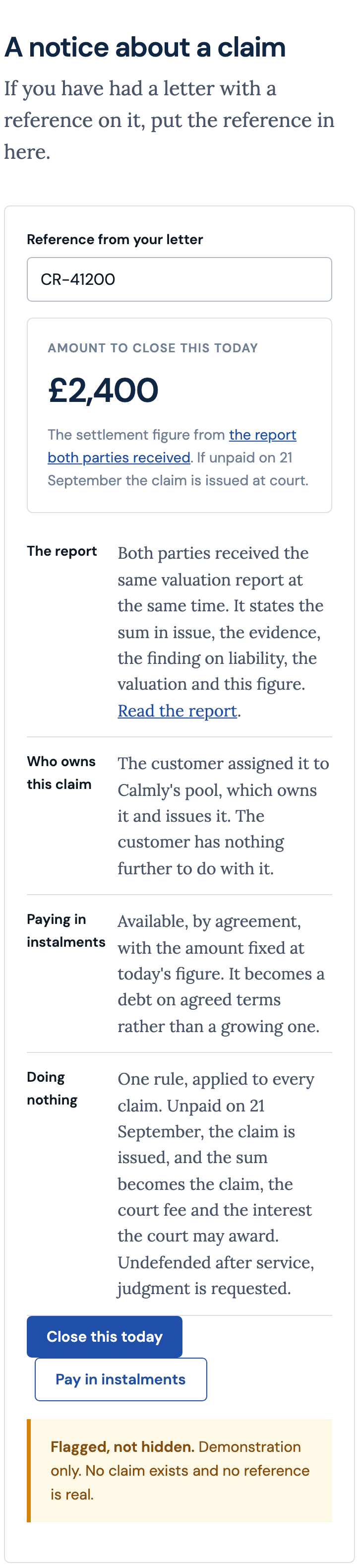 The notice page for the other party, on a phone: the reference from the letter, the amount to close the claim today, who owns the claim, paying in instalments, and the one dated rule that the claim is issued at court if unpaid on the date given.