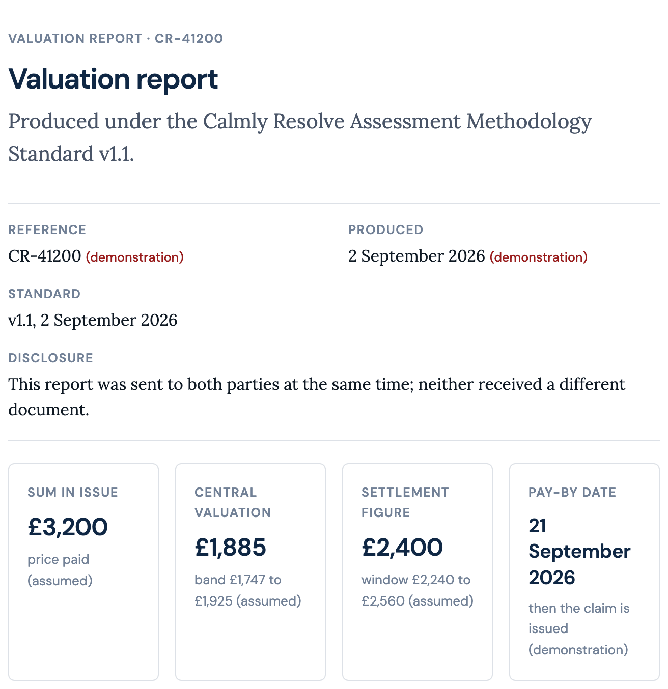 The valuation report header: the reference, the version of the standard it was produced under, the line that both parties received the same document at the same time, and four figures: the sum in issue, the central valuation with its band, the settlement figure with its window, and the pay-by date.
