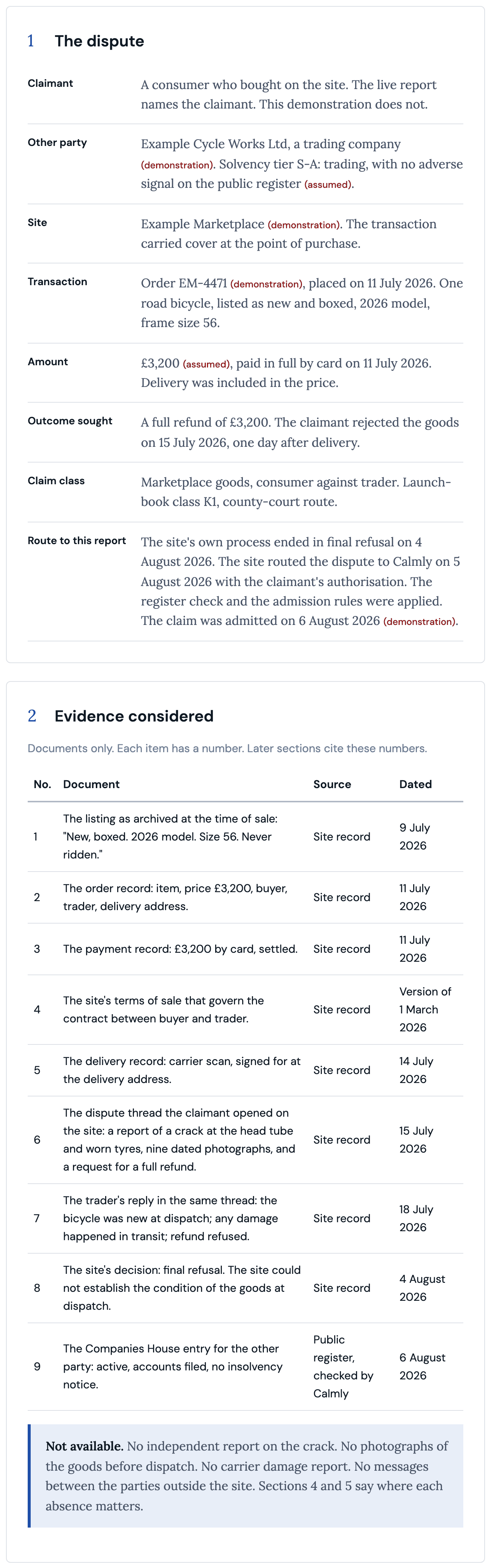 The first two sections of the valuation report. Section 1, the dispute: a table of claimant, other party, site, transaction, amount, outcome sought, claim class and the route to the report. Section 2, evidence considered: a numbered manifest of nine documents with their source and date, and a note of what was not available.